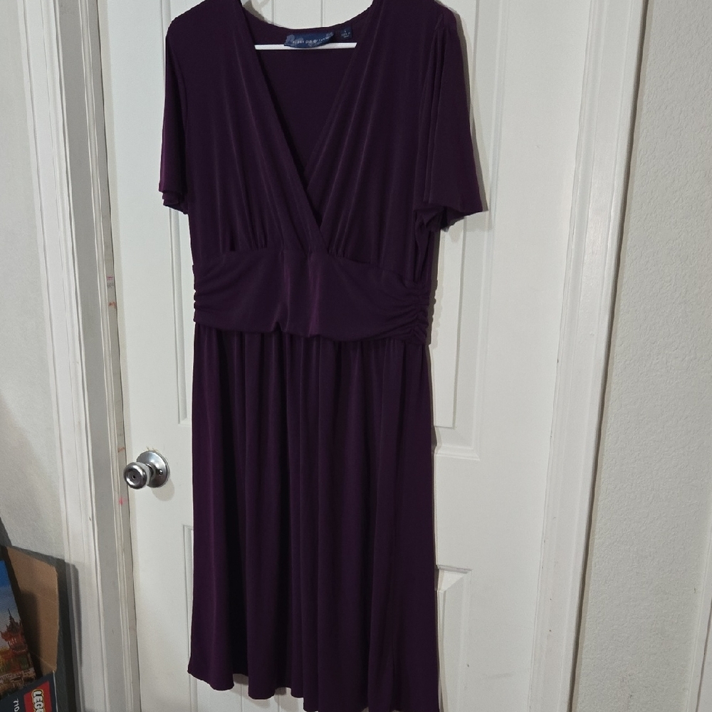Susan Graver Style Plum Purple Short Sleeve Faux Wrap Midi Dress